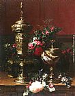 Table Canvas Paintings - A Still Life With A German Cup, A Nautilus Cup, A Goblet An Cut Flowers On A Table